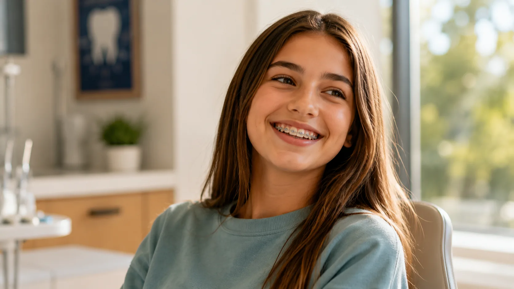 Smiling teenager with braces at the dentist