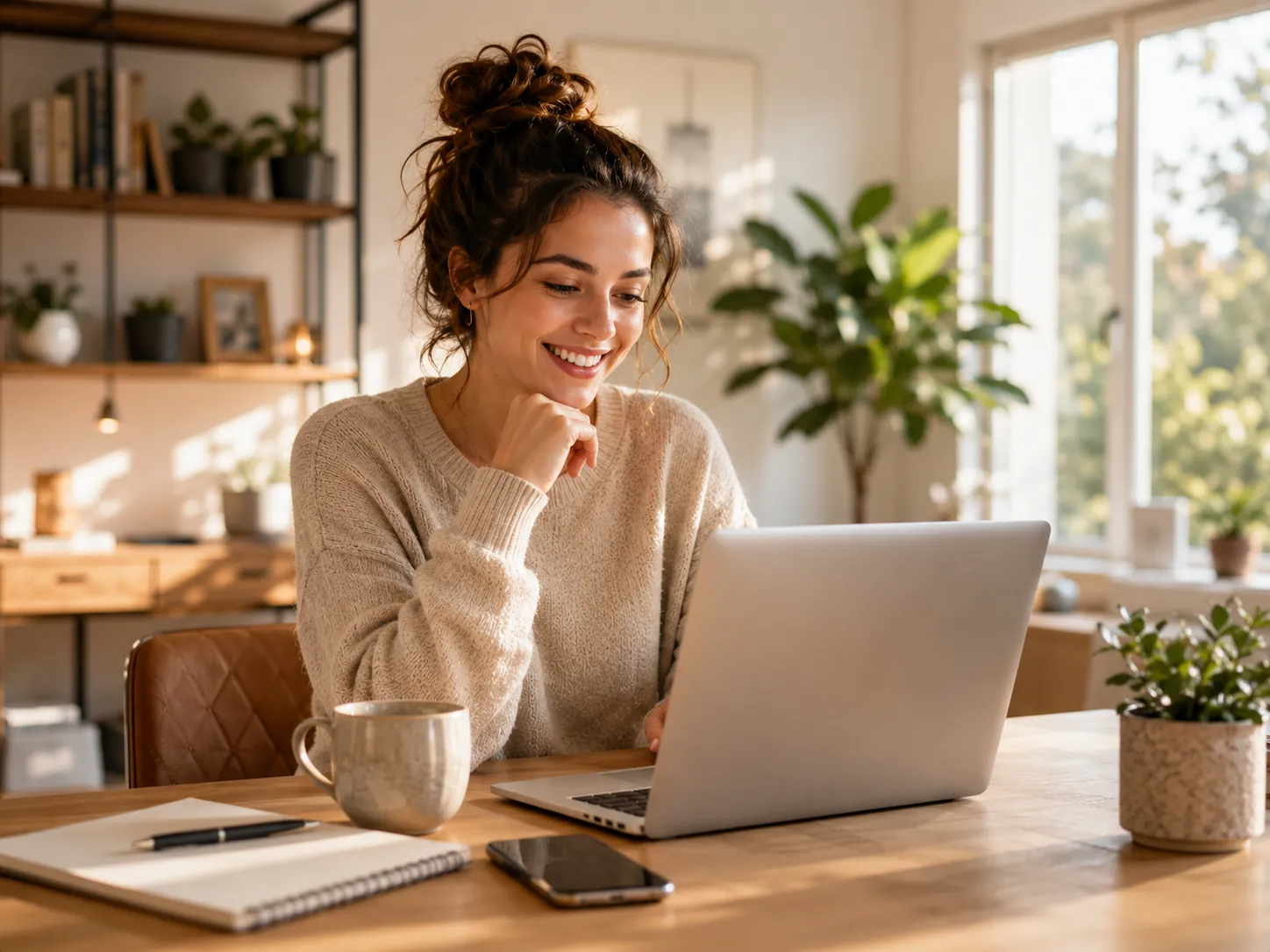 Smiling woman reviewing her Sunbit payment options on a laptop at home